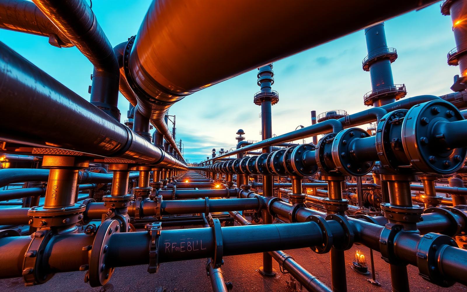 Refinery manifold at dusk